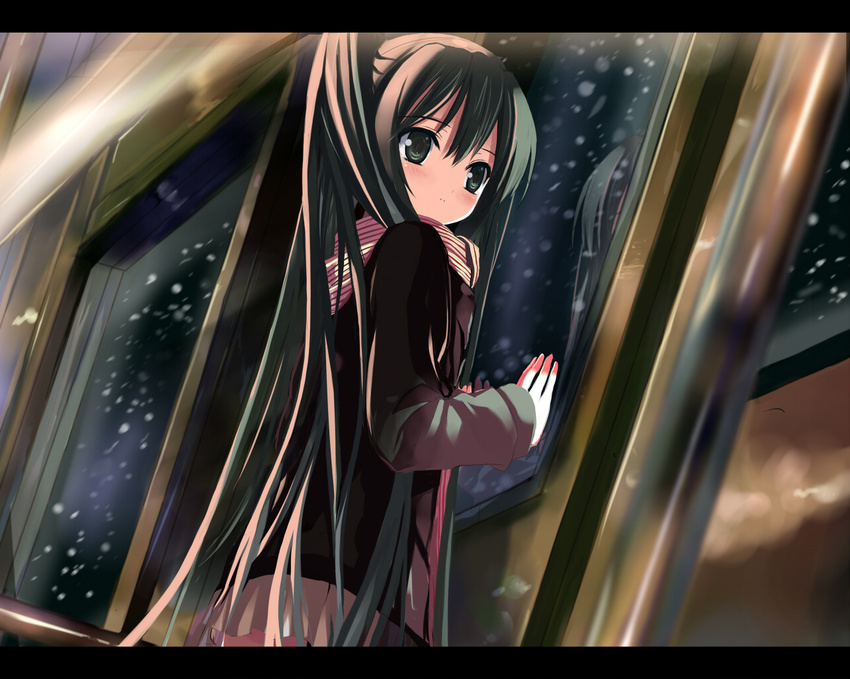 green_eyes green_hair hajimete_no_koi_ga_owaru_toki_(vocaloid) hand_on_window hatsune_miku long_hair looking_back shino_(eefy) snow solo twintails vocaloid window