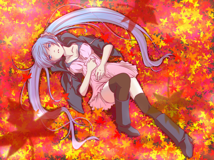 bad_id bad_pixiv_id blue_eyes blue_hair boots dress hatsune_miku highres hk leaf long_hair lying solo thighhighs twintails very_long_hair vocaloid