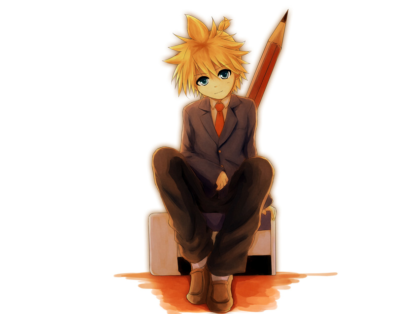 bad_id bad_pixiv_id formal highres hirobakar kagamine_len loafers male_focus miniboy oversized_object pencil shoes sitting solo suit vocaloid wooden_pencil