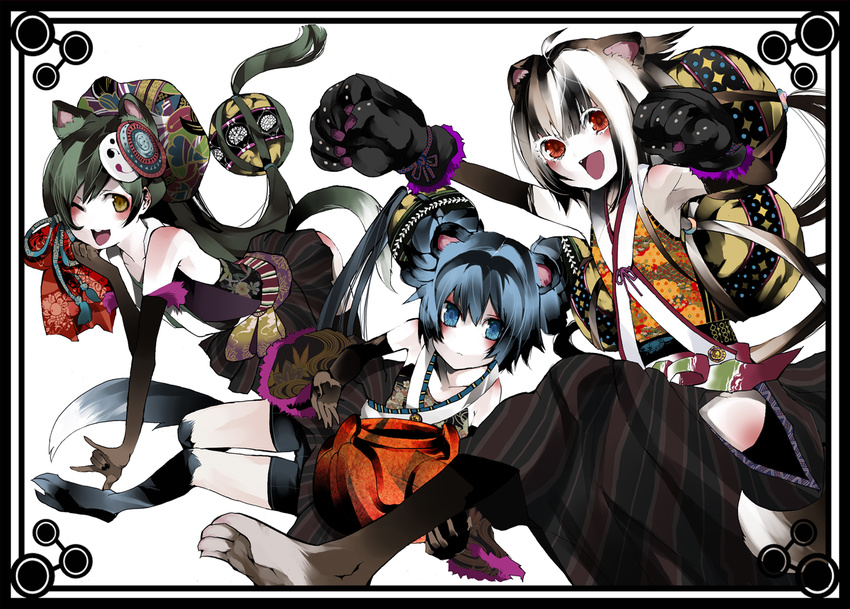 all_fours animal_ears blue_eyes blue_hair brown_eyes eyeshadow fang green_hair makeup multiple_girls one_eye_closed palmeros paws pixiv_fantasia pixiv_fantasia_2 red_eyes short_hair tail thighhighs white_hair