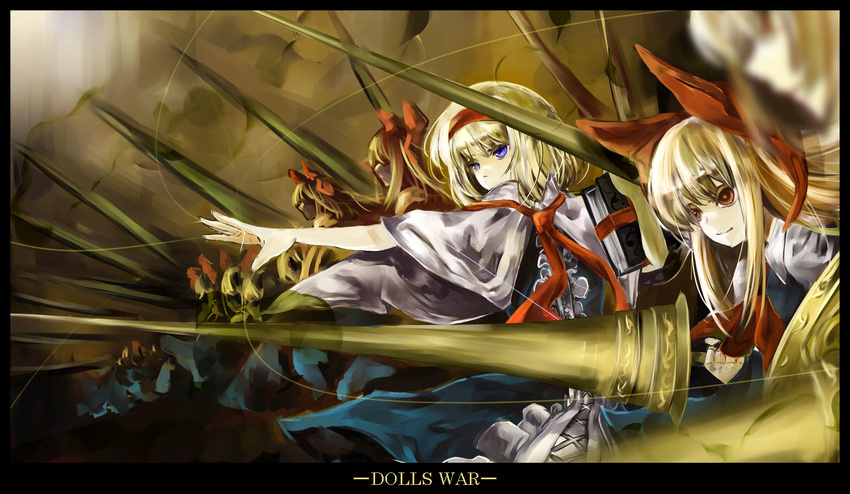 alice_margatroid army blonde_hair blue_eyes blurry book bow depth_of_field doll group_picture group_profile hairband lance lineup long_hair outstretched_arm outstretched_hand polearm profile red_eyes shanghai_doll short_hair solo string touhou tsurukame weapon