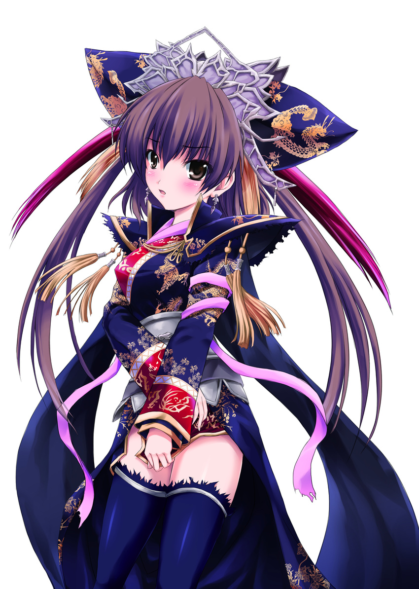 absurdres blush brown_eyes brown_hair chinese_clothes hair_ornament highres kazanagare long_hair sangokushi_taisen simple_background solo thighhighs touhaku twintails very_long_hair