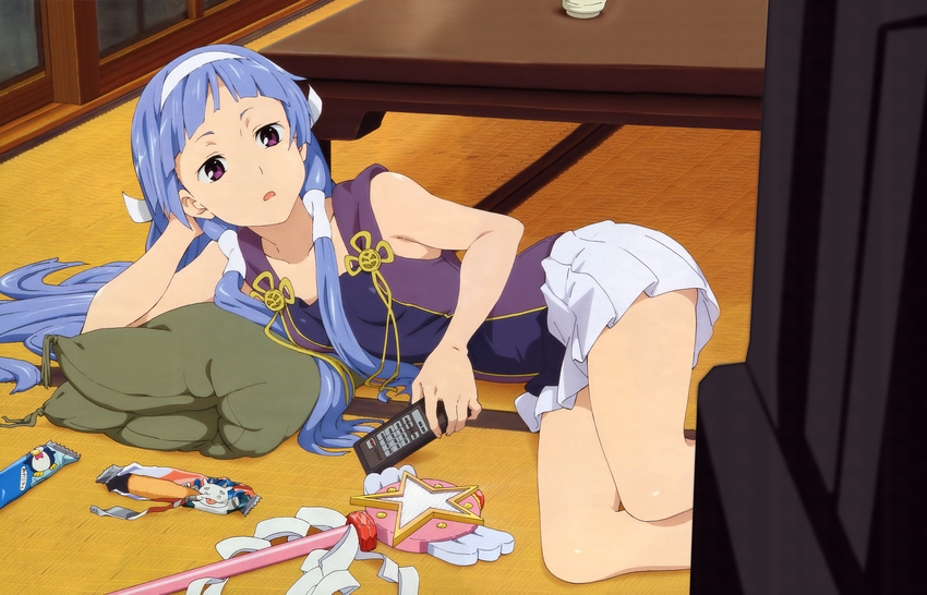 absurdres arm_support artist_request bangs blue_hair blunt_bangs candy controller flat_chest food hair_tubes hairband highres kannagi long_hair lying miniskirt nagi official_art on_floor on_side open_mouth pillow pleated_skirt purple_eyes remote_control ribbon scan skirt solo star table tank_top tatami television very_long_hair wand white_skirt