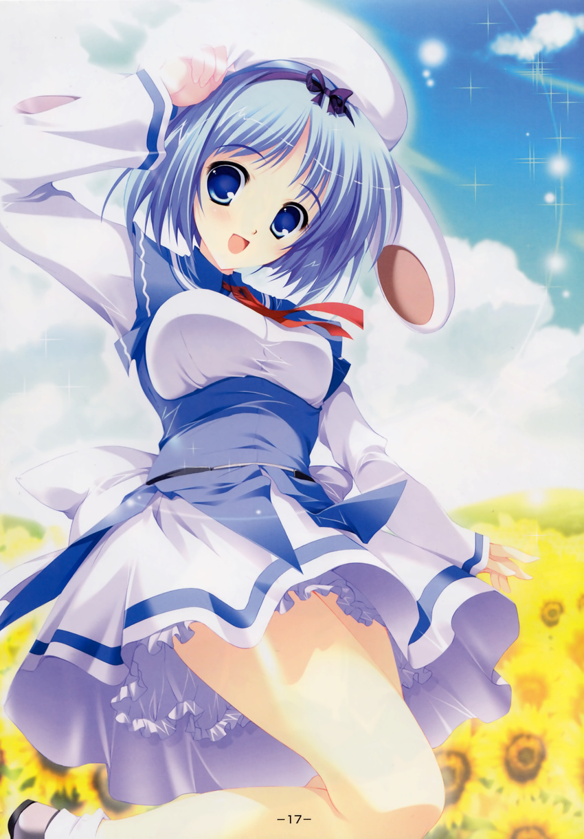 absurdres blue_eyes blue_hair day dress flower hat highres kujou_yuuka light_rays magus_tale mikeou open_mouth sky smile solo sparkle sunbeam sunflower sunlight