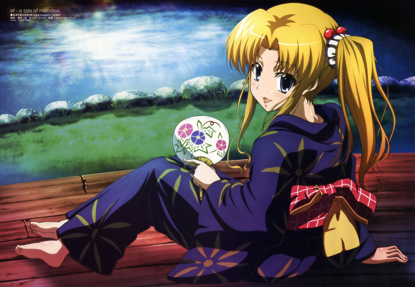 absurdres barefoot blonde_hair blue_eyes blue_kimono ef fan hayama_mizuki highres japanese_clothes kimono long_hair megami non-web_source paper_fan shiotsuki_kazuya solo twintails uchiwa yukata