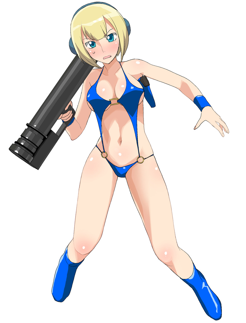 a1 absurdres bazooka blonde_hair blue_eyes blush boots gun gundam gundam_00 handgun highres holster louise_halevy parody short_hair shoulder_holster slingshot_swimsuit solo sweatdrop swimsuit victory_gundam weapon