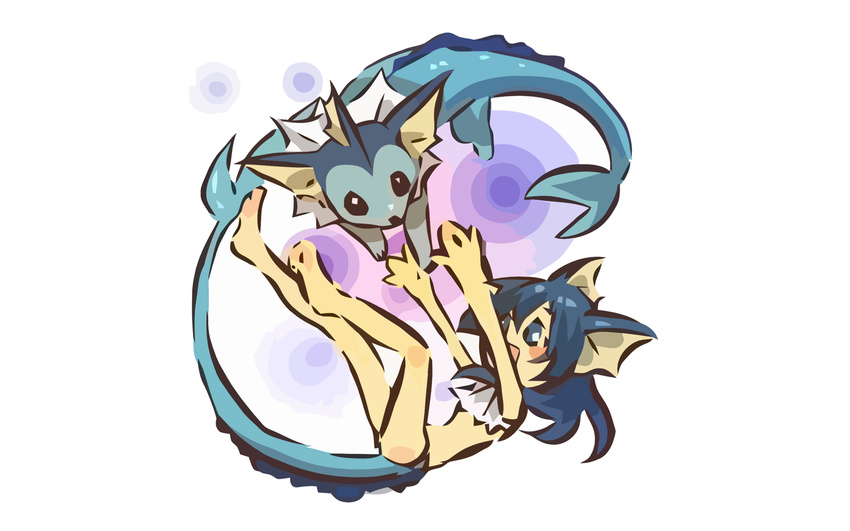 absurdres androgynous animal_ears black_eyes blue_eyes blue_hair hitec long_hair moemon open_mouth personification pokemon simple_background smile tail vaporeon
