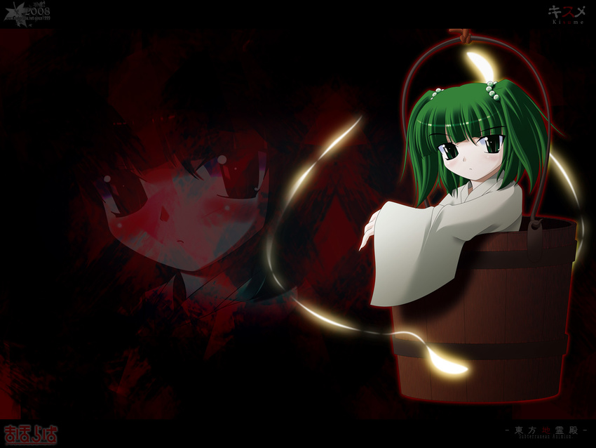 bucket green_hair highres in_bucket in_container kisume side_b solo touhou wallpaper wooden_bucket