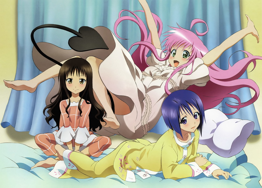 absurdres barefoot bed blue_hair brown_hair green_eyes highres kobayashi_chizuru lala_satalin_deviluke lingerie long_hair multiple_girls nightgown non-web_source pajamas pillow pink_hair purple_eyes sairenji_haruna short_hair soles tail to_love-ru underwear very_long_hair yellow_eyes yuuki_mikan