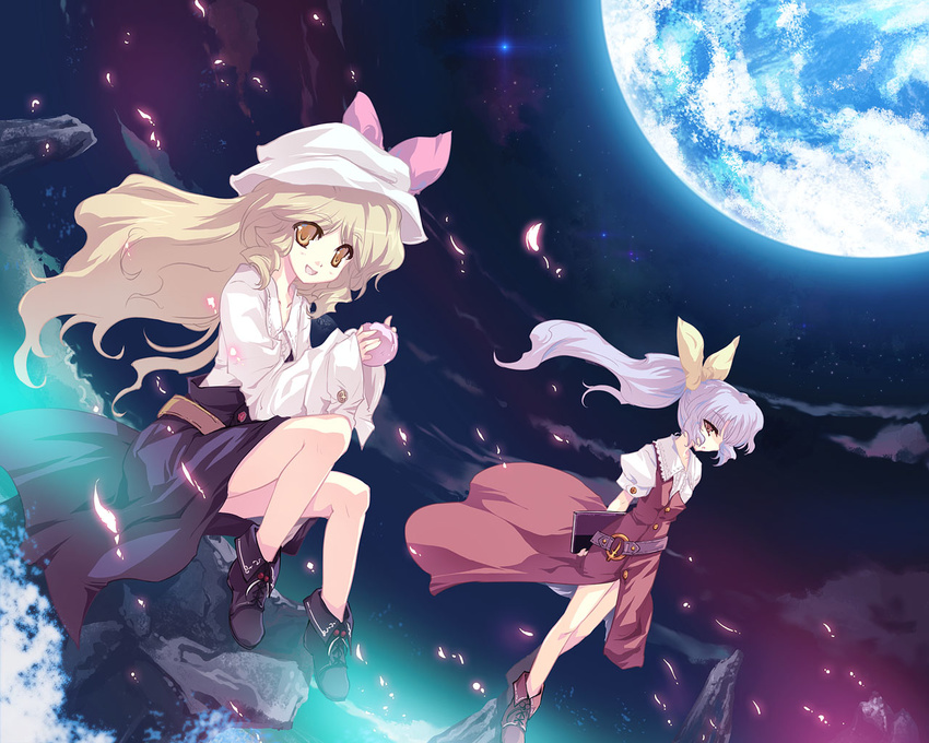 arms_behind_back belt blonde_hair book bow cloud dutch_angle earth fisheye food fruit full_moon hair_bow hair_ribbon happy hat hat_ribbon long_hair looking_at_viewer moon multiple_girls night open_mouth peach ponytail purple_hair ribbon siblings sisters sitting star tokiame touhou wallpaper watatsuki_no_toyohime watatsuki_no_yorihime wind yellow_eyes