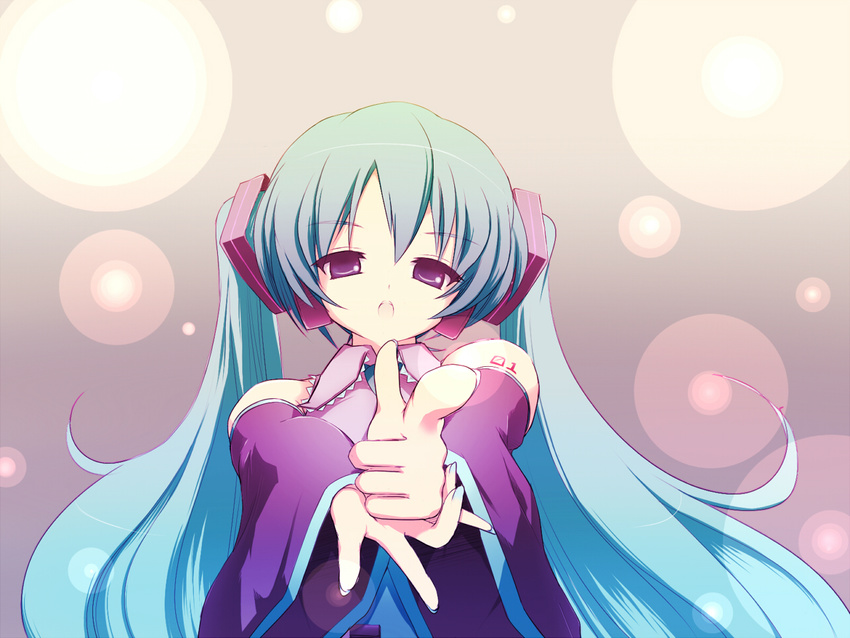 :o aiming_at_viewer aqua_hair bangs collared_shirt detached_sleeves finger_gun from_below gradient grey_shirt hair_ornament hatsune_miku headphones long_hair looking_at_viewer nail_polish necktie number pointing pointing_at_viewer shirt solo takunama tattoo twintails vocaloid