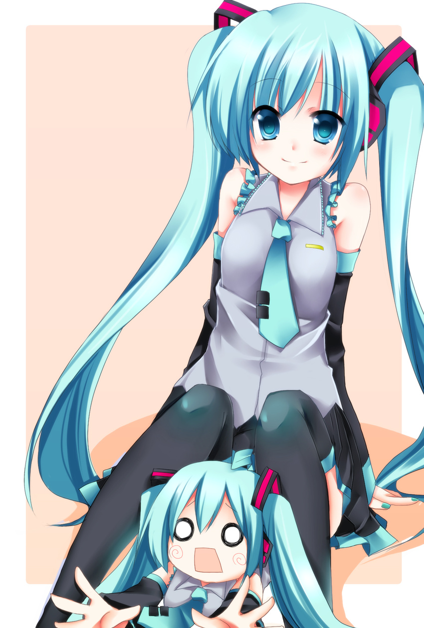 aqua_eyes aqua_hair bad_id bad_pixiv_id hachune_miku hatsune_miku highres long_hair necktie shino_(sosuketo) sitting skirt smile solo thighhighs twintails very_long_hair vocaloid