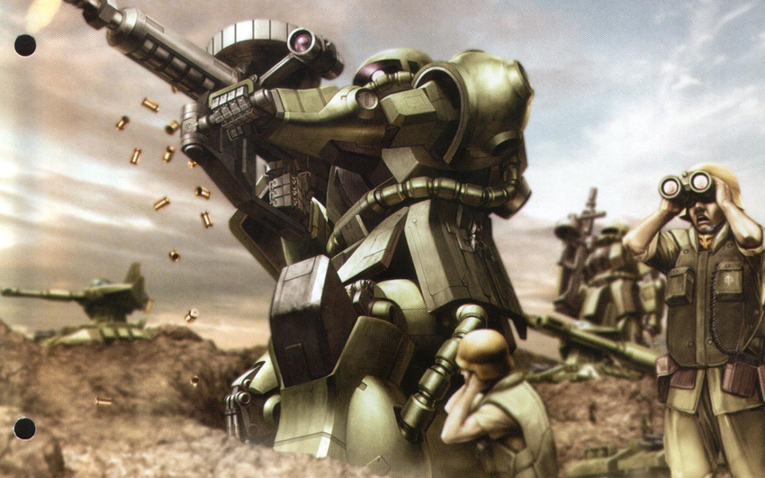 binoculars firing gun gundam helmet magella_attack mecha military military_uniform military_vehicle mobile_suit_gundam tank uniform vehicle weapon zaku zaku_ii