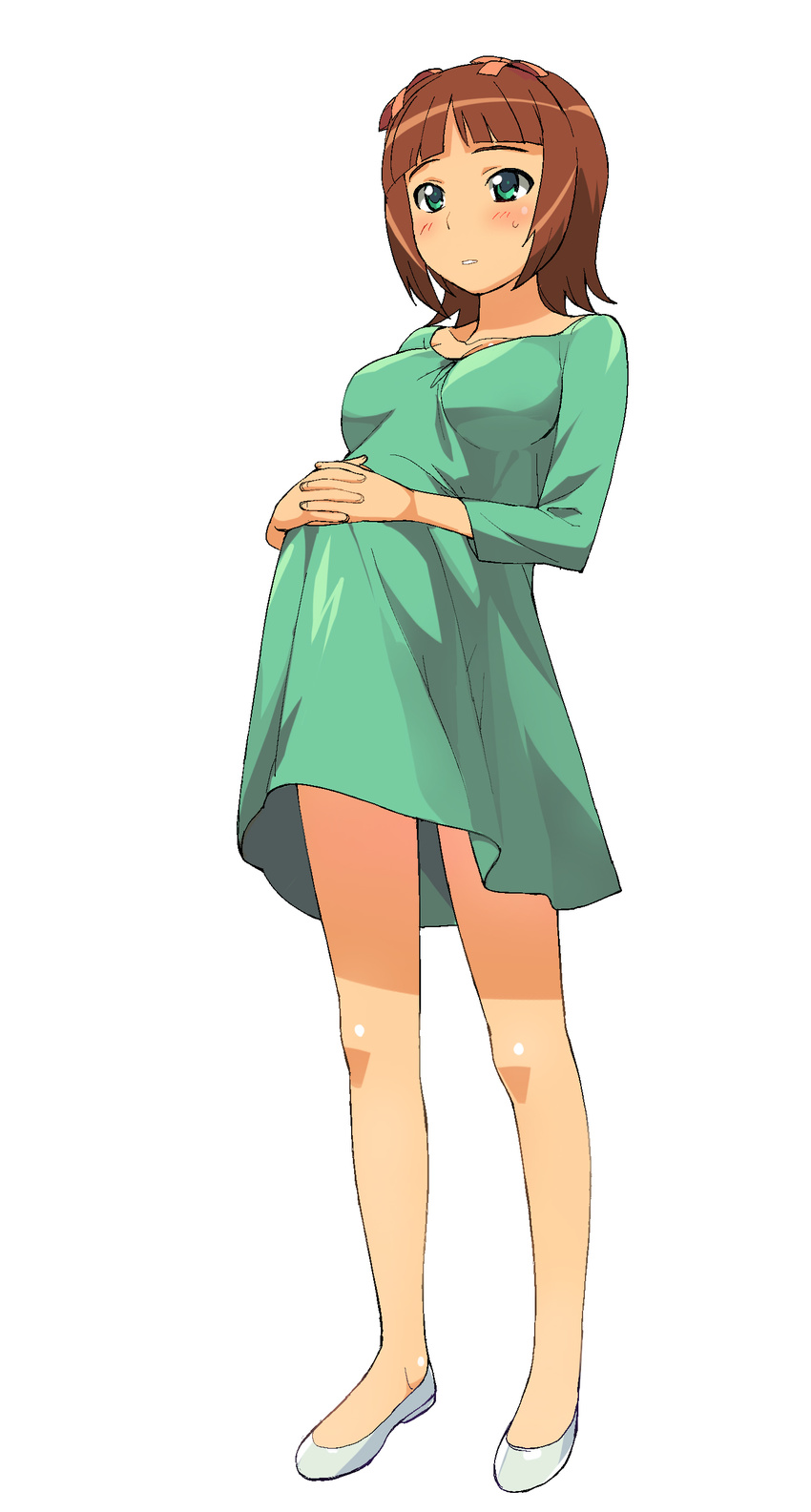 a1 absurdres amami_haruka aqua_eyes blush brown_hair dress full_body green_dress hair_ribbon hands_together highres idolmaster idolmaster_(classic) interlocked_fingers long_sleeves parted_lips pregnant ribbon short_hair simple_background solo standing white_background white_footwear