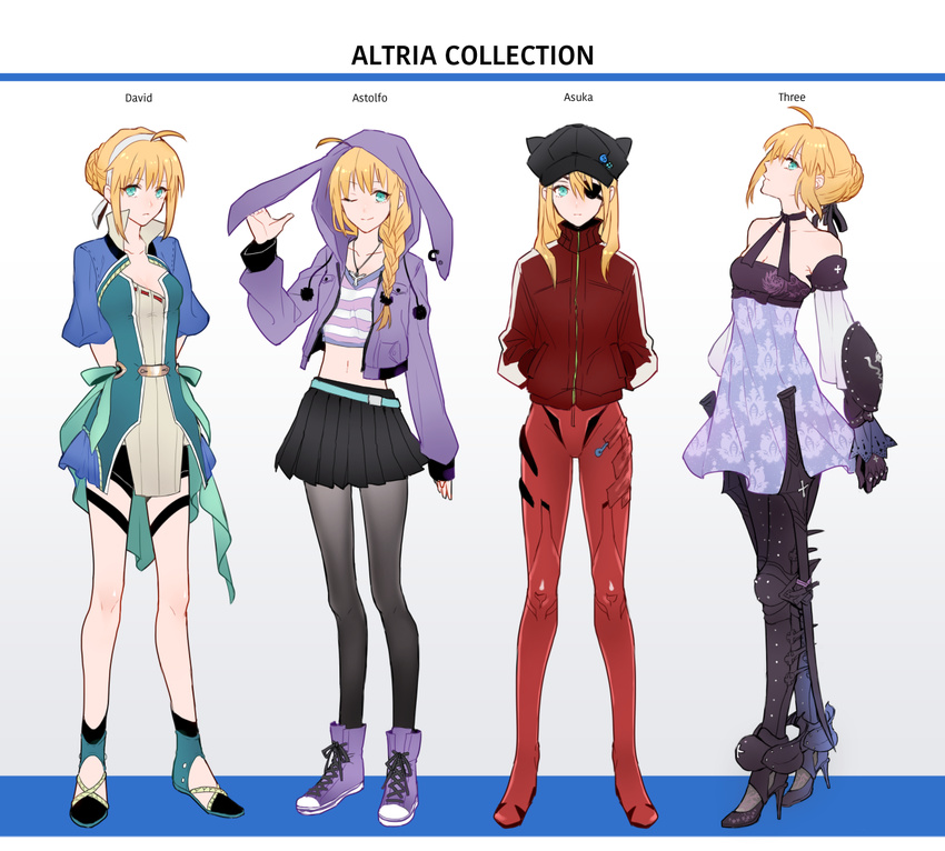 ;) ahoge alternate_costume animal_ears animal_hat animal_hood aqua_eyes armor armored_boots arms_behind_back artoria_pendragon_(all) astolfo_(fate) astolfo_(fate)_(cosplay) badge bangs banned_artist bare_shoulders belt bike_shorts black_legwear black_skirt blonde_hair blue_shirt bodysuit boots braid breasts buckle buckler bunny_ears button_badge cabbie_hat cat_hat character_name cleavage closed_mouth collarbone cosplay crop_top cropped_jacket cross cross-laced_footwear david_(fate/grand_order) david_(fate/grand_order)_(cosplay) detached_sleeves drag-on_dragoon drag-on_dragoon_3 drawstring dress english evangelion:_3.0_you_can_(not)_redo expressionless eyepatch fake_animal_ears fashion fate/apocrypha fate/grand_order fate/stay_night fate_(series) floral_print from_side full_body gloves hair_between_eyes hair_bun hair_over_shoulder hair_ribbon hairband halterneck hands_in_pockets hat hat_ornament high_heels hood hoodie jacket jewelry lineup long_hair long_legs long_sleeves looking_at_viewer loose_belt midriff miniskirt multiple_views navel neck_ribbon necklace neon_genesis_evangelion one_eye_closed open_clothes open_hoodie orii_(orii_i) pantyhose pelvic_curtain pilot_suit pleated_skirt plugsuit pom_pom_(clothes) puffy_sleeves purple_dress purple_footwear purple_gloves purple_legwear rebuild_of_evangelion red_jacket ribbon saber sandals shield shikinami_asuka_langley shikinami_asuka_langley_(cosplay) shirt shoes short_hair short_sleeves sidelocks simple_background single_braid single_vertical_stripe skinny skirt sleeves_past_wrists small_breasts smile sneakers souryuu_asuka_langley standing stiletto_heels striped sword tape thigh_strap three_(drag-on_dragoon) three_(drag-on_dragoon)_(cosplay) track_jacket turtleneck variations weapon white_background wide_sleeves