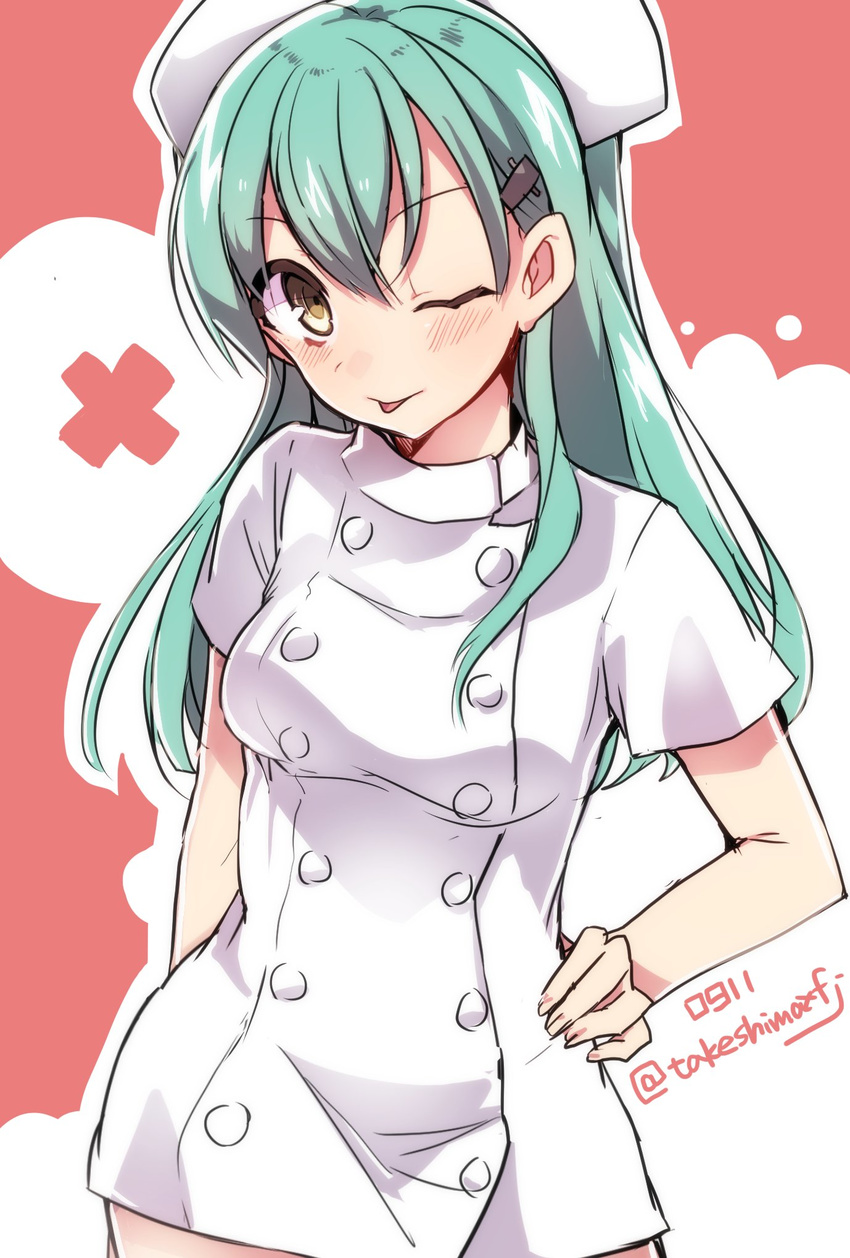 ;p alternate_costume alternate_eye_color aqua_hair blush breasts buttons double-breasted dress hair_ornament hairclip hand_on_hip hat highres kantai_collection long_hair looking_at_viewer medium_breasts nurse nurse_cap one_eye_closed short_dress short_sleeves solo suzuya_(kantai_collection) takeshima_(nia) tongue tongue_out twitter_username white_dress yellow_eyes