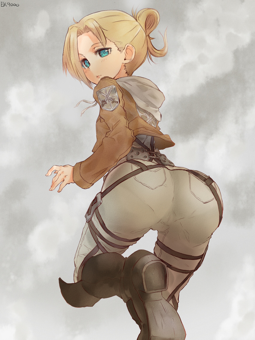 annie_leonhardt ass blonde_hair boots ek9000 emblem folded_ponytail green_eyes highres jacket looking_back pants pantylines paradis_military_uniform shingeki_no_kyojin sketch solo three-dimensional_maneuver_gear training_corps_(emblem)