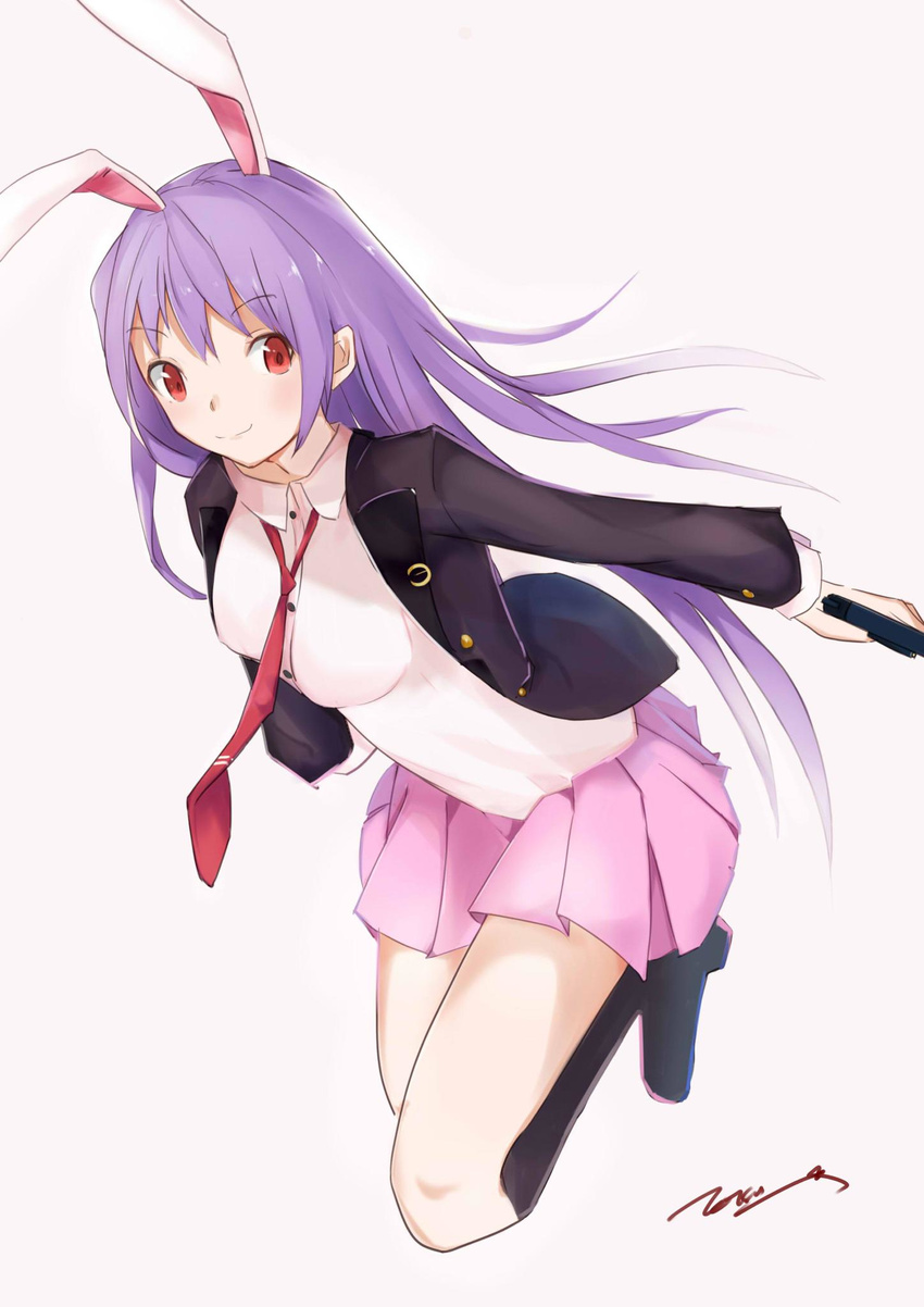 animal_ears artist_name bangs blazer blouse bunny_ears extra_ears gun handgun highres holding jacket long_hair looking_at_viewer miniskirt necktie pink_skirt pleated_skirt purple_hair red_eyes red_neckwear reisen_udongein_inaba signature simple_background skirt smile solo standing tetsurou_(fe+) touhou very_long_hair weapon white_background