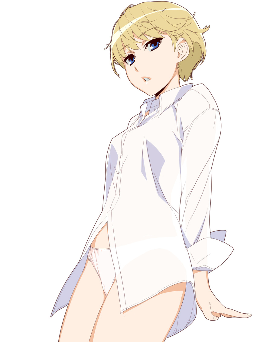 arm_support blonde_hair blue_eyes breasts cowboy_shot dress_shirt highres ino leaning_back long_sleeves looking_at_viewer no_pants otome_function panties parted_lips see-through see-through_silhouette shirt short_hair simple_background sleeves_folded_up small_breasts solo tatiana_vasilievna_stalina underwear white_background white_panties
