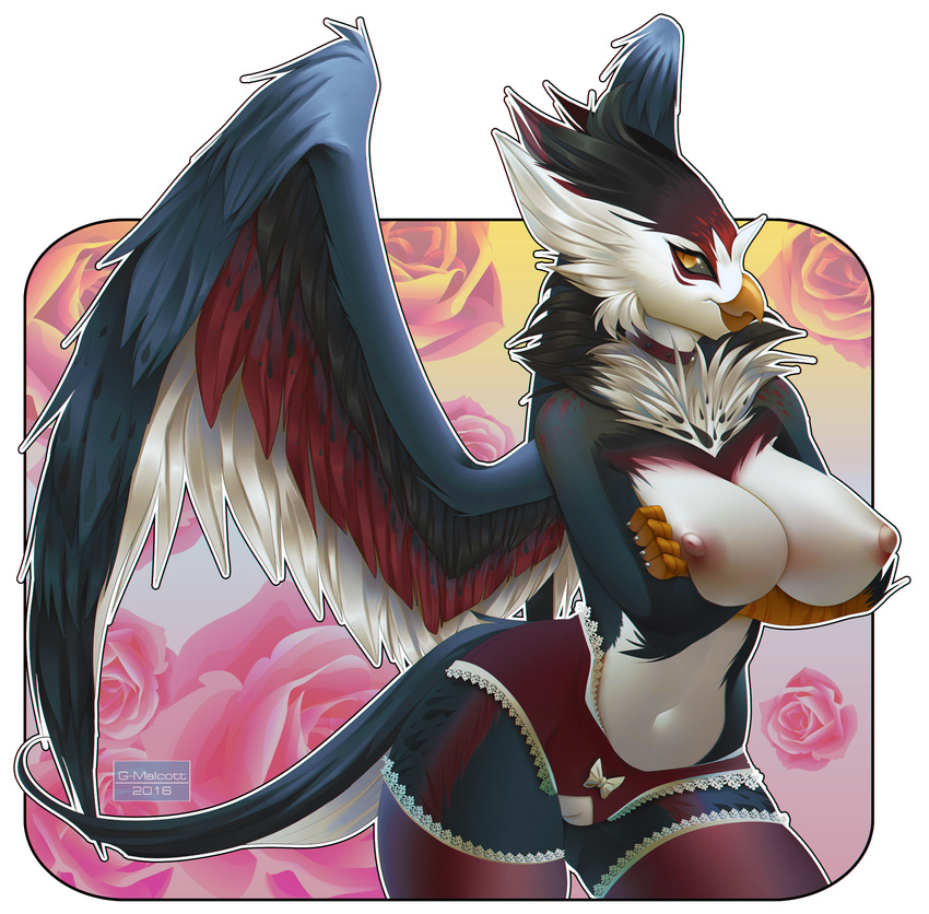 2016 anthro beak big_breasts blue_eyes breasts clothing collar feathered_wings feathers female gizmo0sue hi_res legwear nipples pussy stockings thong wings