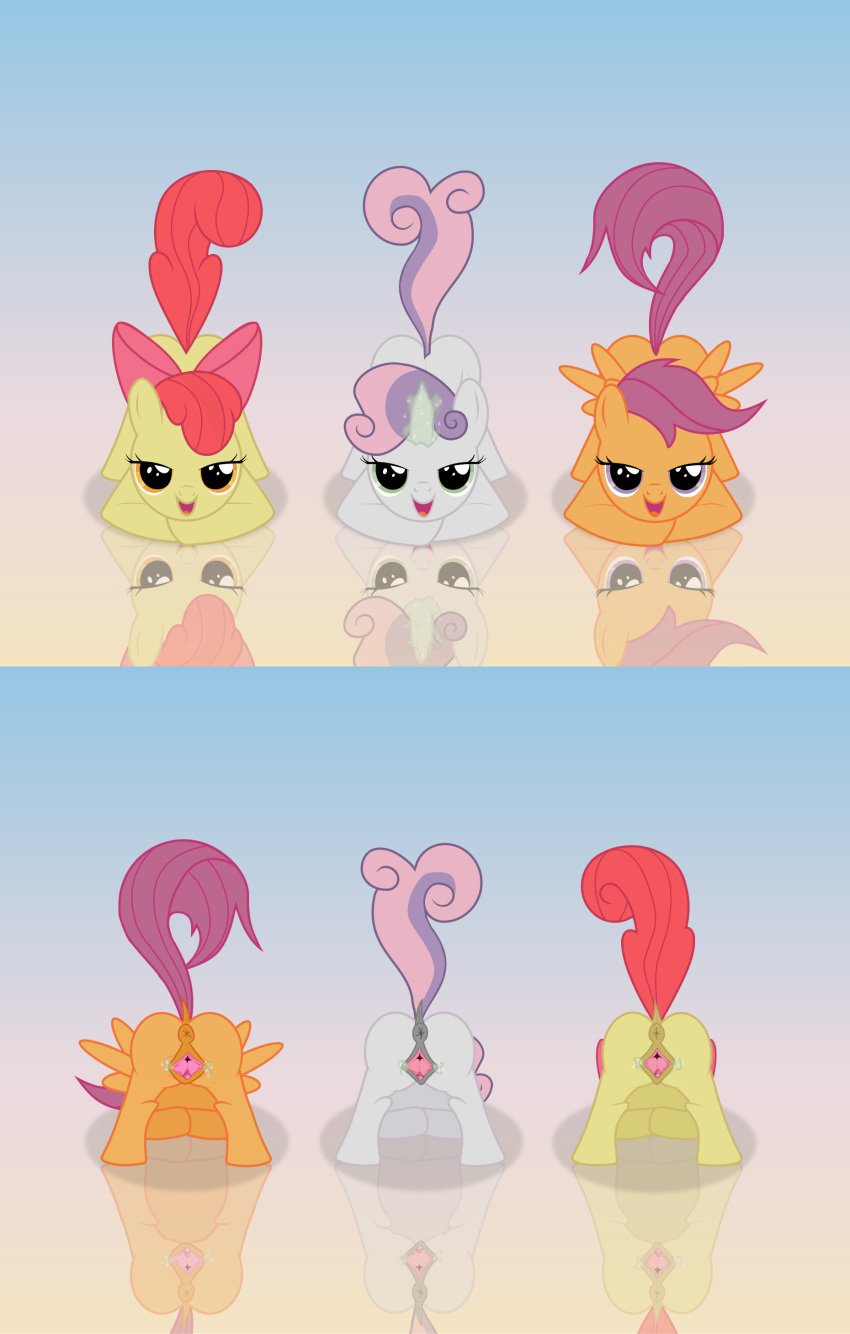 all_fours anatomically_correct anus apple_bloom_(mlp) ass_up bedroom_eyes cub cutie_mark_crusaders_(mlp) earth_pony equine eyes_closed female friendship_is_magic group half-closed_eyes hi_res horn horse invalid_tag looking_at_viewer magic mammal my_little_pony pegasus phone_wallpaper pony pose presenting pussy raised_tail reflection scootaloo_(mlp) seductive simple_background smile spread_wings spreading sweetie_belle_(mlp) thelaughingkitsune unicorn wallpaper wing_boner wings young