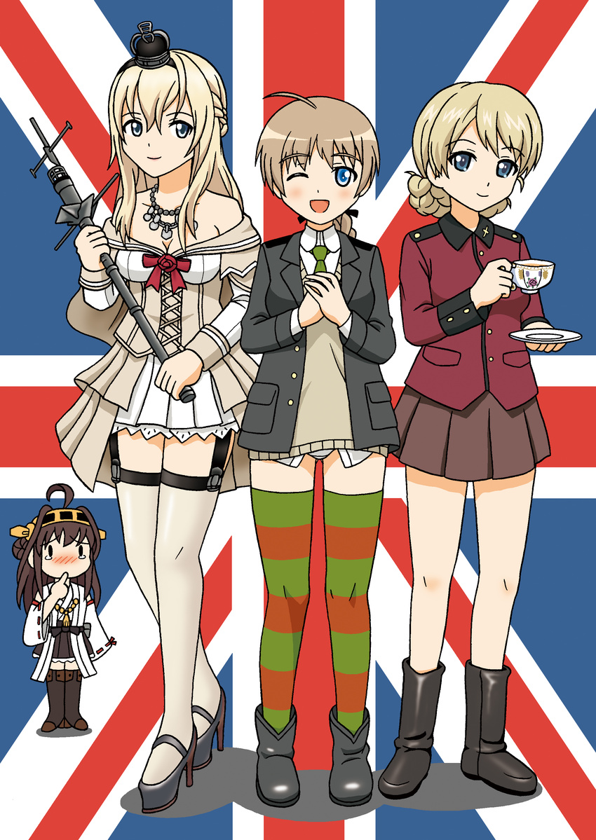 absurdres ahoge ankle_boots blonde_hair blue_eyes blush boots braid breasts brown_hair cleavage colored_stripes commentary country_connection crossover crown cup darjeeling finger_to_mouth flag_background french_braid garter_straps girls_und_panzer hakama_skirt high_heels highres holding hoshino_banchou jealous jewelry kantai_collection kongou_(kantai_collection) long_hair lynette_bishop medium_breasts military military_uniform multiple_girls necklace one_eye_closed open_mouth panties pleated_skirt saucer single_braid skirt small_breasts smile st._gloriana's_military_uniform strike_witches striped striped_legwear teacup tearing_up thighhighs trait_connection underwear uniform union_jack united_kingdom warspite_(kantai_collection) white_legwear world_witches_series zettai_ryouiki