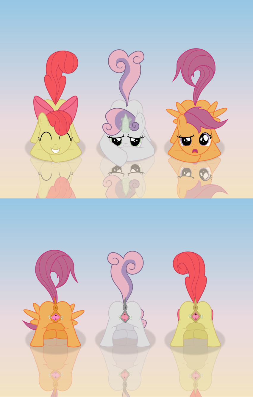 all_fours anatomically_correct anus apple_bloom_(mlp) ass_up cub cutie_mark_crusaders_(mlp) earth_pony equine eyes_closed female friendship_is_magic group hi_res horn horse invalid_tag looking_at_viewer magic mammal my_little_pony pegasus phone_wallpaper pony pose presenting pussy raised_tail reflection scootaloo_(mlp) simple_background smile spread_wings spreading sweetie_belle_(mlp) thelaughingkitsune unicorn wallpaper wing_boner wings young