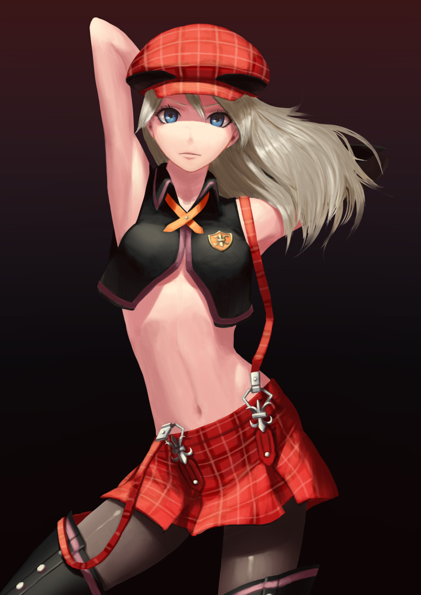 1girl absurdres alisa_ilinichina_amiella arm_up armpits black_background black_footwear blue_eyes boots floating_hair god_eater grey_hair grey_legwear hair_between_eyes hat higa-tsubasa highres long_hair looking_at_viewer midriff miniskirt navel pantyhose pleated_skirt red_hat red_skirt skirt solo standing stomach suspender_skirt suspenders thigh_boots thighhighs