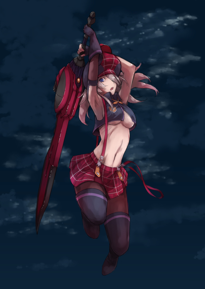 1girl alisa_ilinichina_amiella armpits black_footwear black_gloves black_legwear blue_eyes boots breasts cloud fingerless_gloves floating_hair full_body gloves god_eater grey_hair hair_over_one_eye hat highres holding holding_sword holding_weapon jumping legs_up long_hair looking_at_viewer medium_breasts midriff miniskirt navel night night_sky nina_(ninageya) office_lady open_mouth outdoors pantyhose red_hat red_skirt sideboob skirt sky stomach suspender_skirt suspenders sword thigh_boots thighhighs underboob weapon