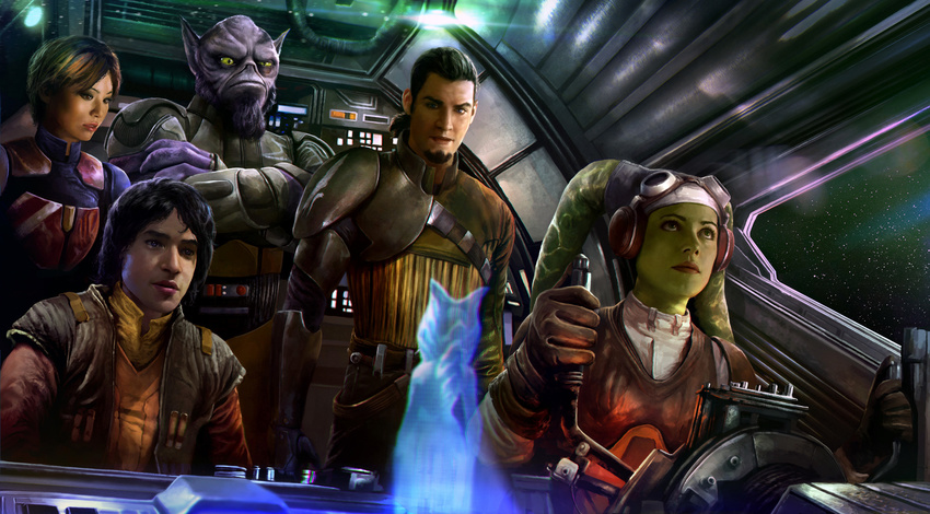 3girls absurdres ahsoka_tano alien armor asian backlighting beard brown_jacket closed_mouth cockpit control_stick crossed_arms expressionless ezra_bridger facial_hair ghost_(spaceship) gloves goatee goggles goggles_on_head green_eyes green_skin headgear hera_syndulla highres hologram jacket kanan_jarrus leather leather_jacket lens_flare light mandalorian mehdic multiple_boys multiple_girls open_clothes open_jacket parted_lips pilot ponytail purple_skin realistic red_lips sabine_wren science_fiction serious shoulder_pads sitting space space_craft spacecraft_interior spoilers standing star_(sky) star_wars star_wars:_rebels steering_wheel togruta twi'lek upper_body vehicle_interior vest window zeb_orrelios