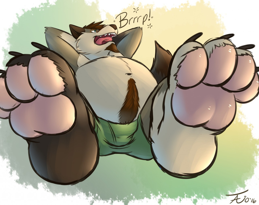 2016 4_toes anthro beard belly big_belly blaidd_wolfe body_hair boxers_(clothing) brown_fur brown_nose bulge burping canine claws clothed clothing digital_drawing_(artwork) digital_media_(artwork) facial_hair foot_focus foreshortening fur goatee grey_fur hands_behind_head happy_trail male mammal multicolored_fur navel onomatopoeia open_mouth overweight overweight_male pink_tongue reclining signature simple_background solo sound_effects tanio teeth toe_claws toes tongue topless underwear white_fur wolf