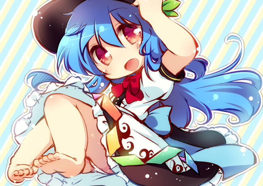 barefoot black_skirt blouse blue_hair blue_ribbon blush bow bowtie feet hand_on_headwear happy hat hinanawi_tenshi knees_together_feet_apart long_hair matatabi_(nigatsu) open_mouth panties pantyshot puffy_short_sleeves puffy_sleeves red_bow red_eyes ribbon short_sleeves skirt solo touhou underwear upskirt very_long_hair white_blouse white_panties