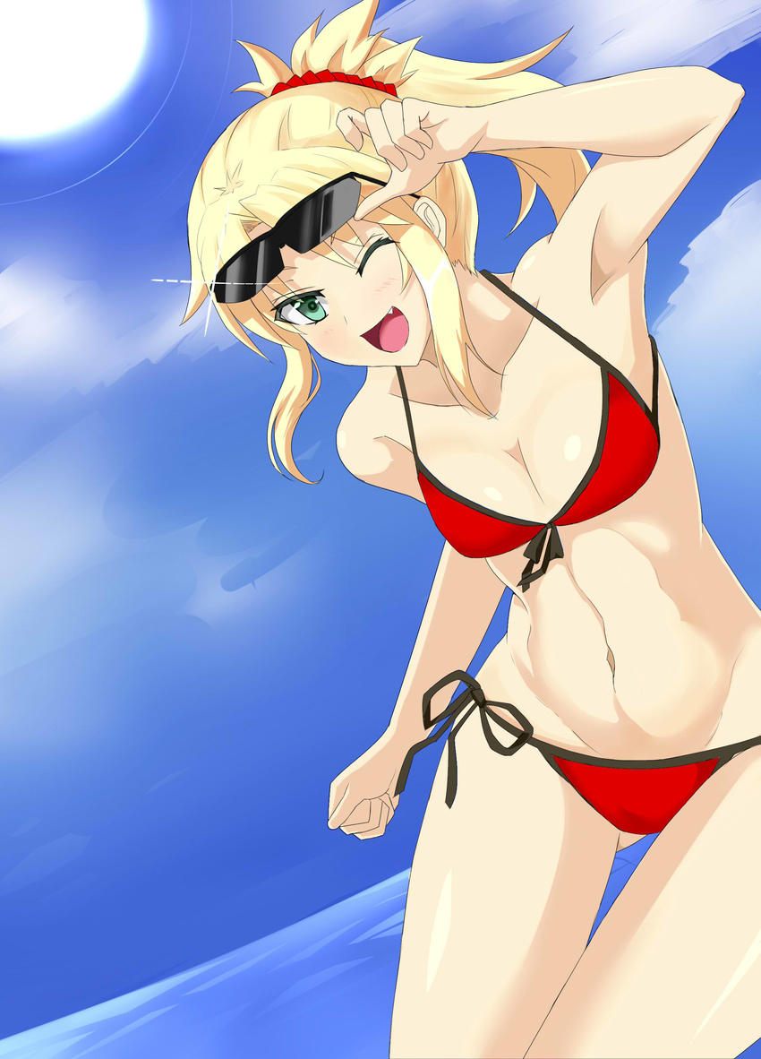 absurdres ass ass_visible_through_thighs bikini blonde_hair breasts cleavage cloud day dutch_angle fang fate/apocrypha fate/grand_order fate_(series) front-tie_top green_eyes groin highres mordred_(fate)_(all) mordred_(swimsuit_rider)_(fate) navel one_eye_closed ponytail rakku_(10219563) red_bikini side-tie_bikini side-tie_bottom sky small_breasts solo sun sunglasses swimsuit thighs