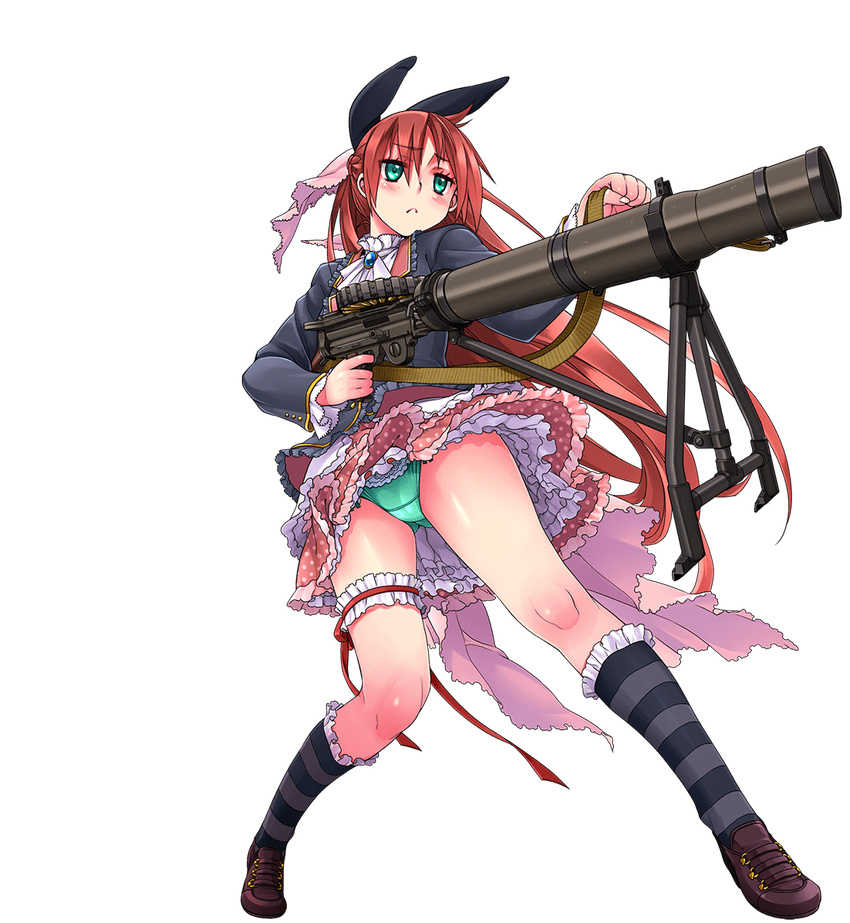 :&lt; aqua_eyes aqua_panties frilled_legwear full_body gun holding jitome layered_skirt leg_garter lewis_gun long_hair long_sleeves machine_gun panties petticoat polka_dot_skirt red_eyes shooting_girl solo striped striped_legwear touge_umi_(shooting_girl) transparent_background underwear upskirt weapon yone_(qtron)