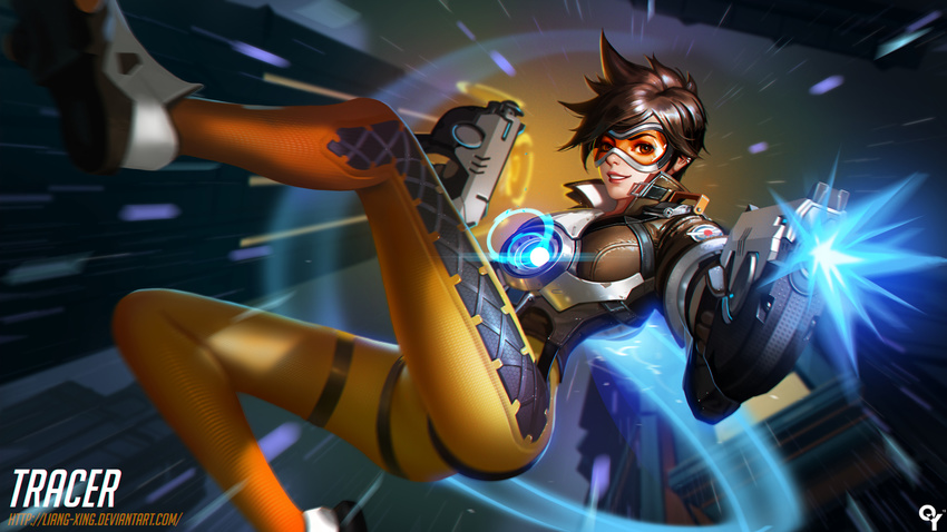 bodysuit brown_eyes brown_hair building gloves goggles gun liang_xing overwatch short_hair signed skintight tracer watermark weapon