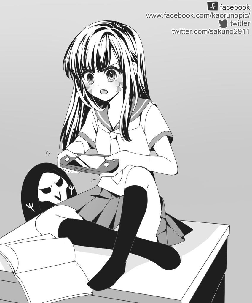 1girl artist_name ascot atobesakunolove black_legwear chibi d.va_(overwatch) desk eyebrows eyebrows_visible_through_hair facebook facebook_username facepaint facial_mark fingernails greyscale handheld_game_console highres kneehighs long_hair mask monochrome notebook on_desk open_mouth overwatch playing_games pleated_skirt reaper_(overwatch) sailor_collar school_uniform serafuku shirt short_sleeves sitting sitting_on_desk skirt skull_mask sweatdrop teeth twitter twitter_username watermark web_address whisker_markings