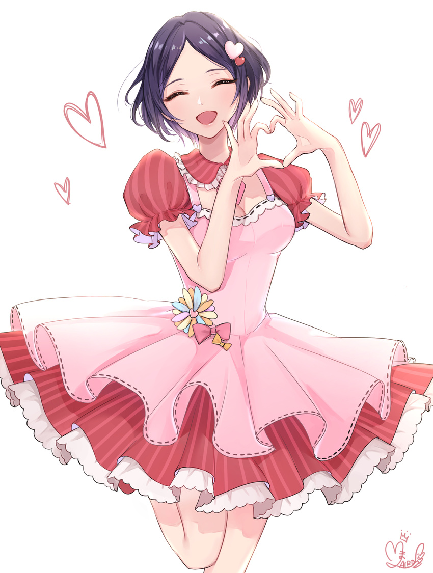 :d ^_^ artist_name bangs black_hair blush closed_eyes dress frills hair_ornament hayami_kanade heart heart_hair_ornament heart_hands highres idolmaster idolmaster_cinderella_girls ilo open_mouth parted_bangs puffy_short_sleeves puffy_sleeves short_hair short_sleeves signature simple_background smile solo striped vertical-striped_dress vertical_stripes
