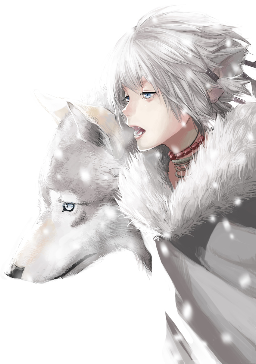 absurdres animal animal_ears bangs blue_eyes cape eyelashes fangs fur_cape grey_cape grey_hair hair_tubes highres jewelry kalua necklace nose original pink_lips short_hair simple_background snowing solo teeth upper_body white_background wolf wolf_ears