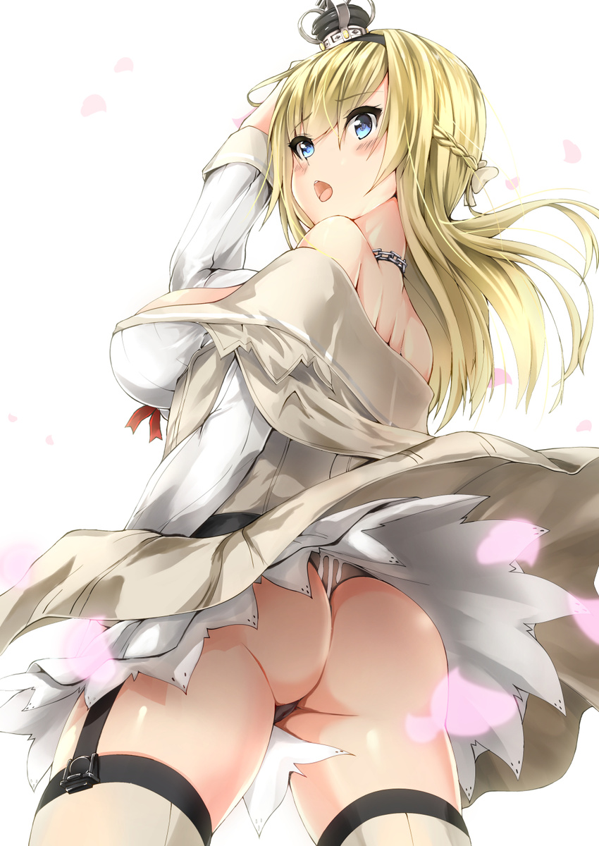 ass bangs bare_shoulders blonde_hair blue_eyes blush braid breasts cowboy_shot crown dress french_braid from_below garter_straps grey_panties hair_between_eyes hairband highres jewelry kantai_collection kuon_(break_through) large_breasts long_hair long_sleeves looking_back mini_crown necklace off_shoulder open_mouth panties simple_background solo thighhighs thong underwear warspite_(kantai_collection) white_background wind wind_lift