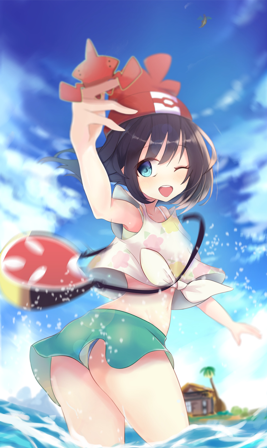 arm_up ass bad_id bad_pixiv_id bag black_hair blue_eyes bra chromatic_aberration cloud day from_behind hat highres looking_back midriff mizuki_(pokemon) ocean one_eye_closed open_mouth panties pokemon pokemon_(game) pokemon_sm resizing_artifacts sakurano_shiyue shirt short_hair short_shorts shorts sky smile thighs underwear upshorts wading water white_panties wind wind_lift