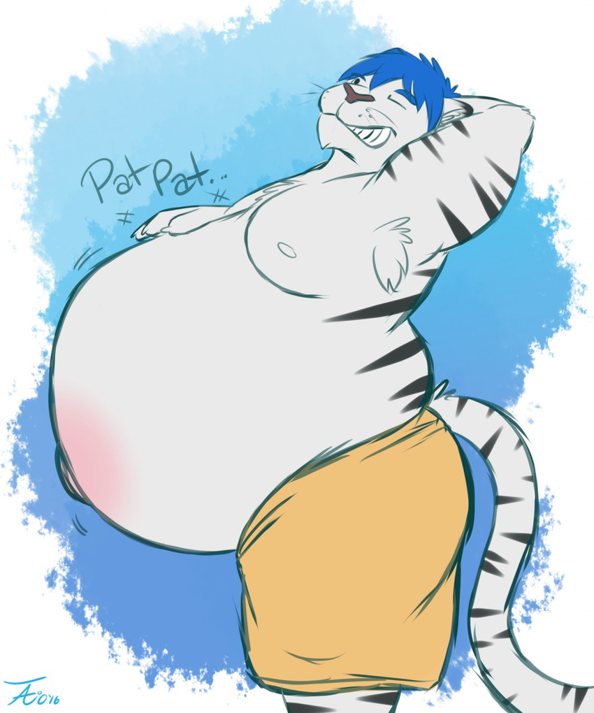 2016 anthro armpit_hair belly big_belly black_eyes black_fur black_nose black_stripes blue_hair clothed clothing digital_media_(artwork) feline fur hair hand_on_stomach hi_res hyper hyper_belly male mammal nipples obese one_eye_closed overweight overweight_male portrait shorts side_view signature simple_background solo standing striped_fur stripes tanio teeth textured_background three-quarter_portrait tiger topless whiskers white_fur white_nipples white_tiger