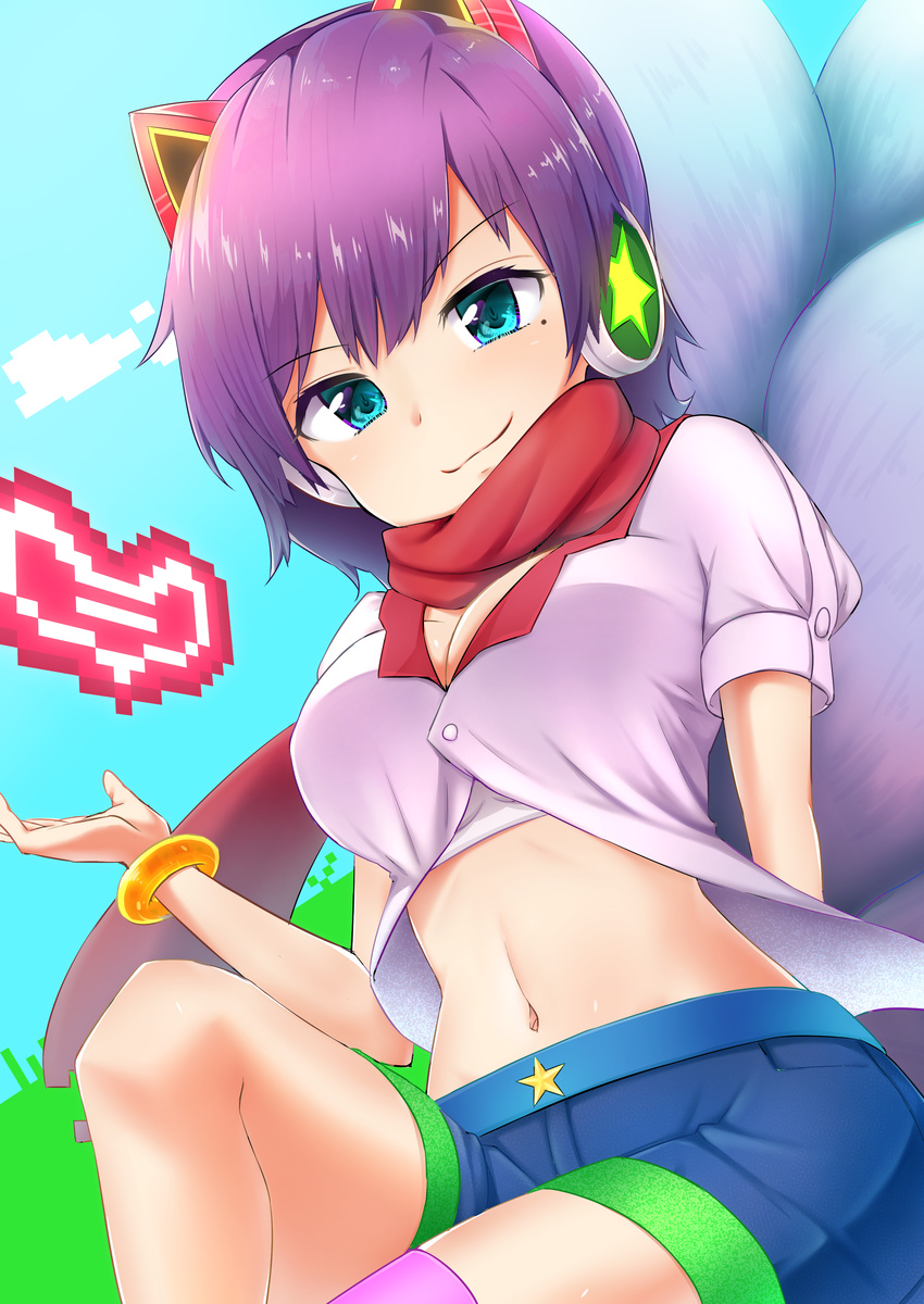 absurdres ahri alternate_costume animal_ears arcade_ahri bra bracelet breasts cleavage fox_ears fox_tail headphones highres jewelry league_of_legends looking_at_viewer medium_breasts midriff mole mole_under_eye multiple_tails nail_polish nanabe navel purple_eyes purple_hair red_scarf scarf short_hair smile solo tail thighhighs underwear