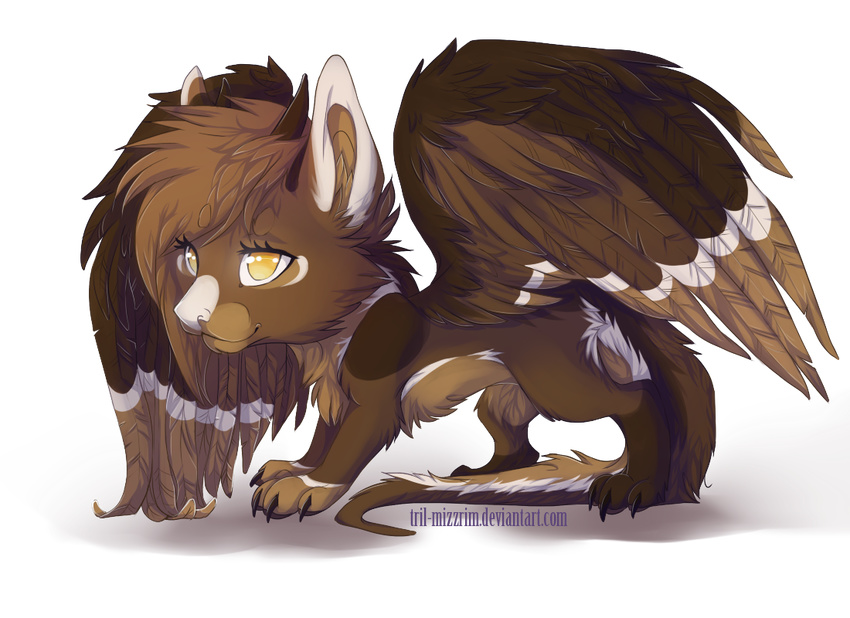 alpha_channel black_feathers brown_fur brown_hair claws eyelashes feathered_wings feathers female feral fur hair hindpaw inner_ear_fluff mammal paws simple_background solo standing transparent_background tril-mizzrim white_nose wings yellow_eyes