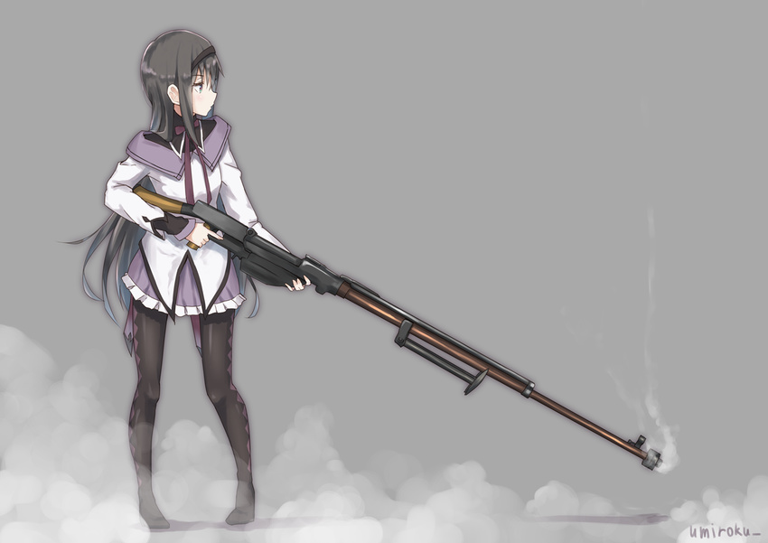 akemi_homura anti-materiel_rifle argyle argyle_legwear black_hair boots capelet commentary_request gun hairband high_heels long_hair magical_girl mahou_shoujo_madoka_magica no_shoes pantyhose pleated_skirt profile ptrs-41 purple_eyes rifle signature skirt sniper_rifle solo umiroku weapon