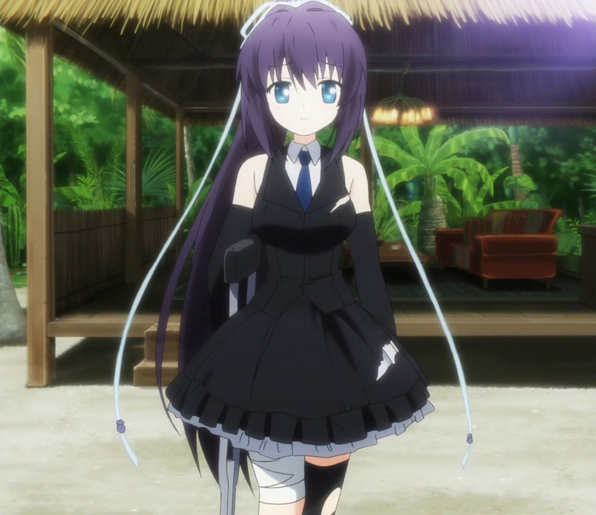 arm_sling bandages blue_eyes konohana_lucia ponytail purple_hair rewrite screencap solo thighhighs