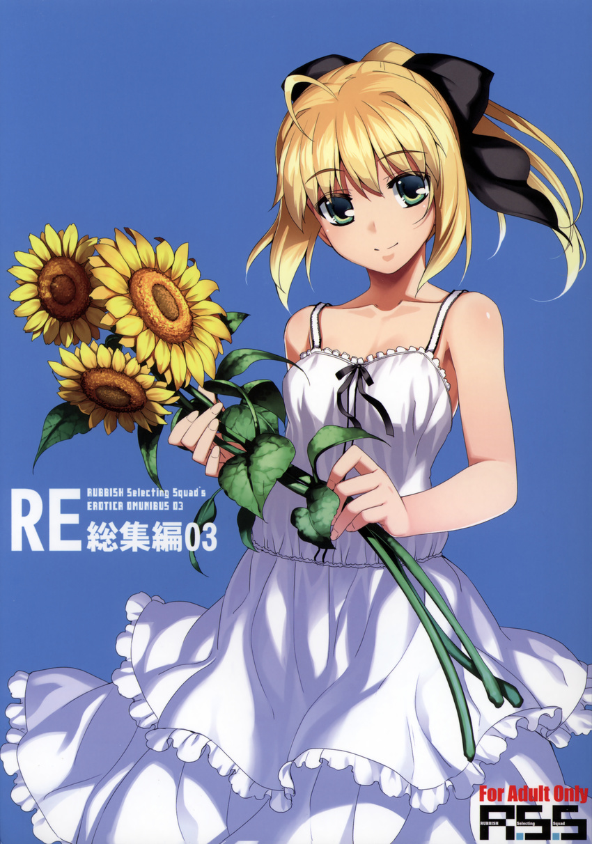 absurdres ahoge alternate_costume artoria_pendragon_(all) bare_shoulders black_bow blonde_hair blush bow breasts closed_mouth collarbone cover cover_page doujin_cover dress eyebrows eyebrows_visible_through_hair fate/stay_night fate_(series) fingernails flower frilled_dress frills green_eyes hair_bow highres holding holding_flower layered_dress looking_at_viewer medium_breasts namonashi ponytail rating saber scan short_hair sleeveless sleeveless_dress smile solo sundress sunflower white_dress