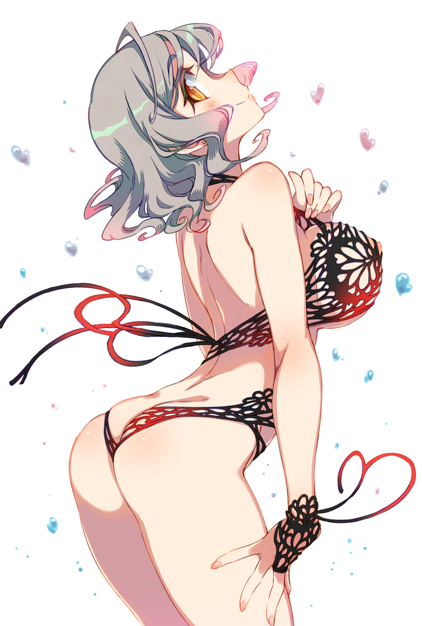 ahoge arched_back ass bikini black_bikini blush breasts bridal_gauntlets brown_eyes curly_hair grey_hair highres kusanagi_tonbo large_breasts looking_back nipples open_mouth petals profile short_hair simple_background smile solo swimsuit white_background wrist_cuffs