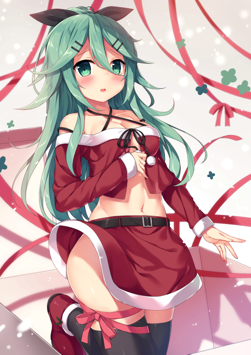 1girl alternate_costume bangs belt black_legwear black_ribbon blush box breasts christmas commentary_request dress eyebrows_visible_through_hair ezoshika gift gift_box green_eyes green_hair hair_between_eyes hair_flaps hair_ornament hair_ribbon hairclip highres kantai_collection long_hair looking_at_viewer midriff navel open_mouth parted_bangs ponytail red_dress ribbon santa_costume shoes skirt small_breasts solo standing standing_on_one_leg tearing_up tears thighhighs yamakaze_(kantai_collection)
