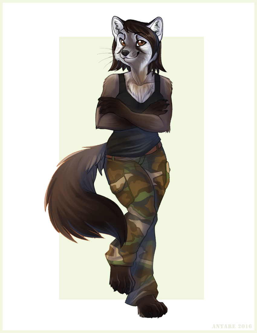 anthro belt brown_eyes brown_hair camo cargo_pants clothing digitigrade eyewear female hair kyra_sable pants sable shirt tank_top