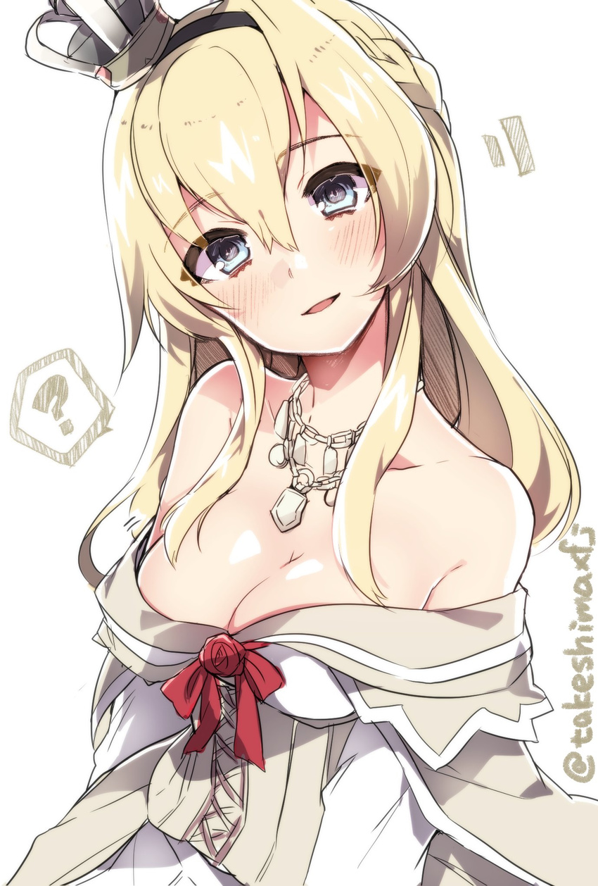 ? bare_shoulders blonde_hair blue_eyes blush breasts cleavage crown dress head_tilt highres kantai_collection large_breasts long_hair mini_crown off-shoulder_dress off_shoulder smile solo takeshima_(nia) twitter_username warspite_(kantai_collection) white_background